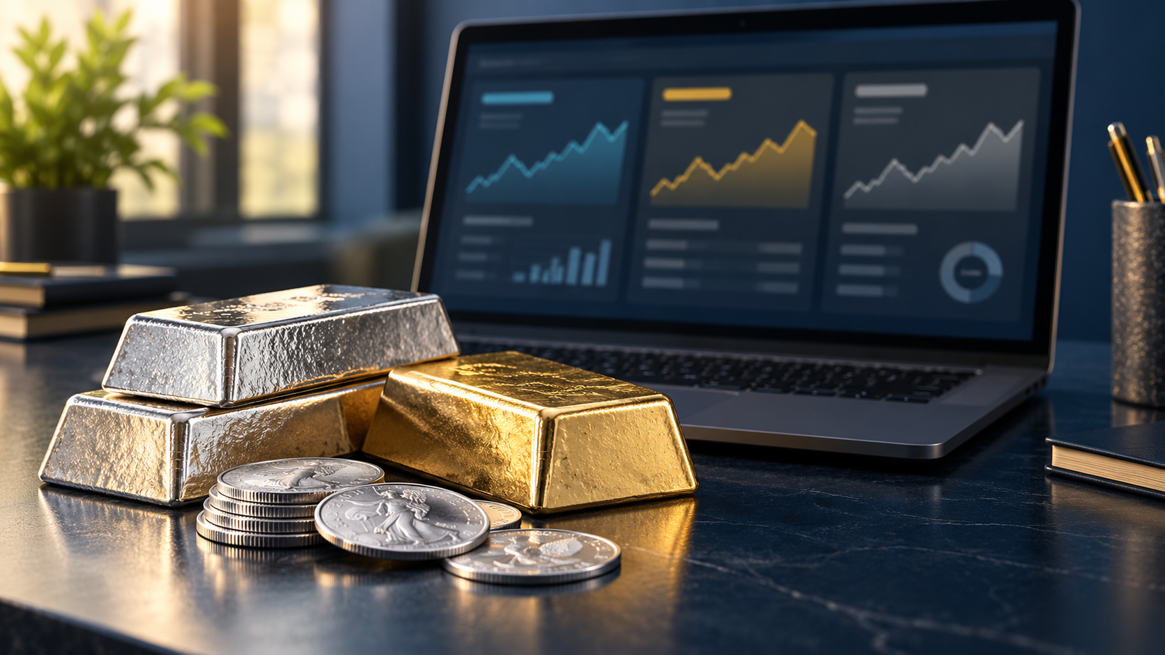 Gold and silver bullion beside a laptop used for market research.
