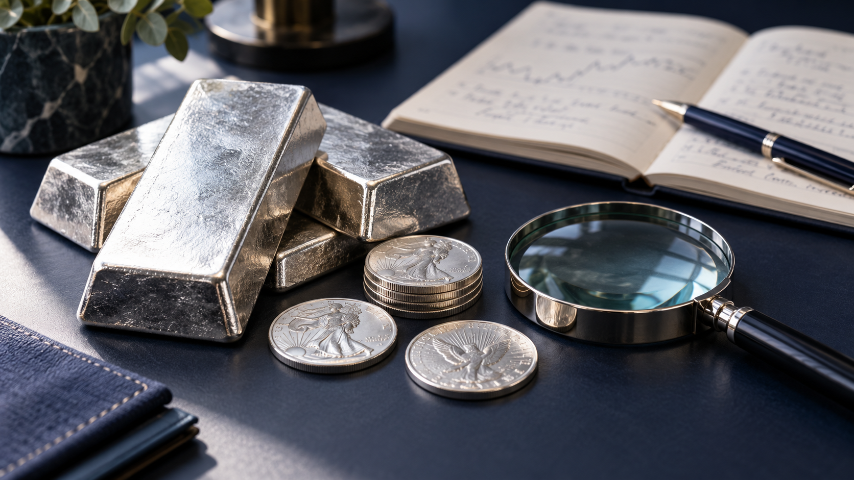 Silver bars and coins beside a magnifying glass and research notebook.